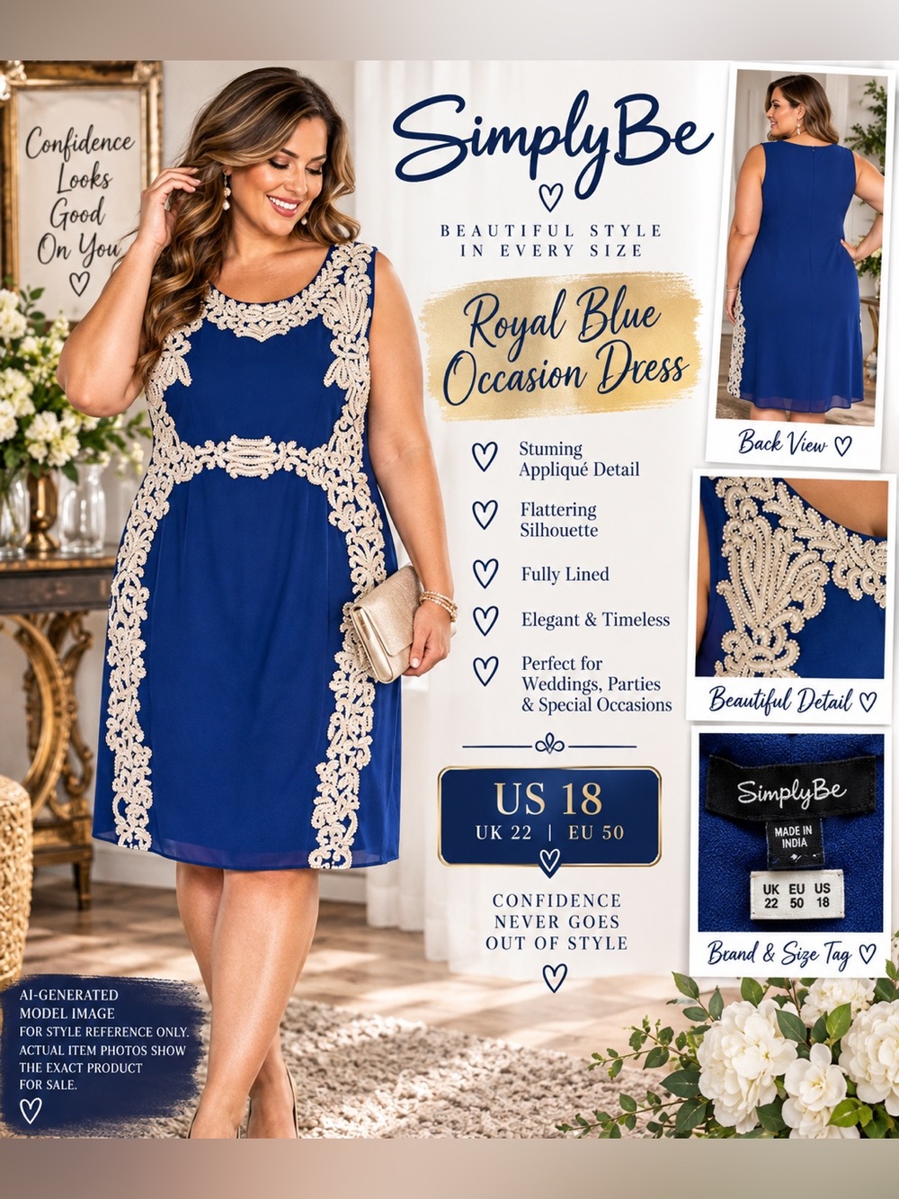 SIMPLY BE ROYAL BLUE LACE APPLIQUĂ OCCASION DRESS âą US 18